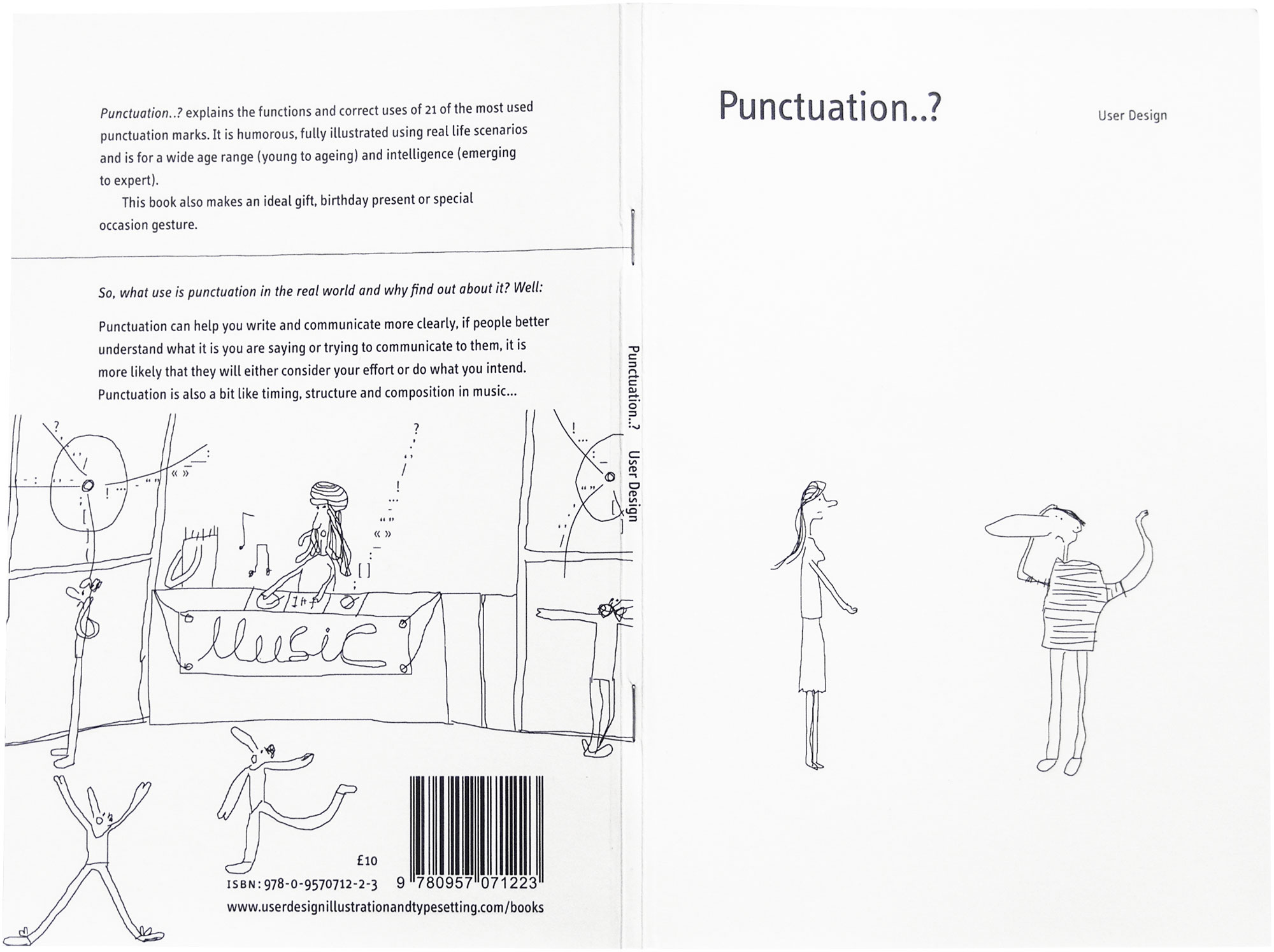 The title ‘Punctuation..?’ in large black typography at the top. Then below at the bottom, cartoon woman and man looking at each other, looking confused with their arms in the air. On the left a rastafarin DJ playing records in a nightclub with a large speaker on the left and right. People are dancing in the front