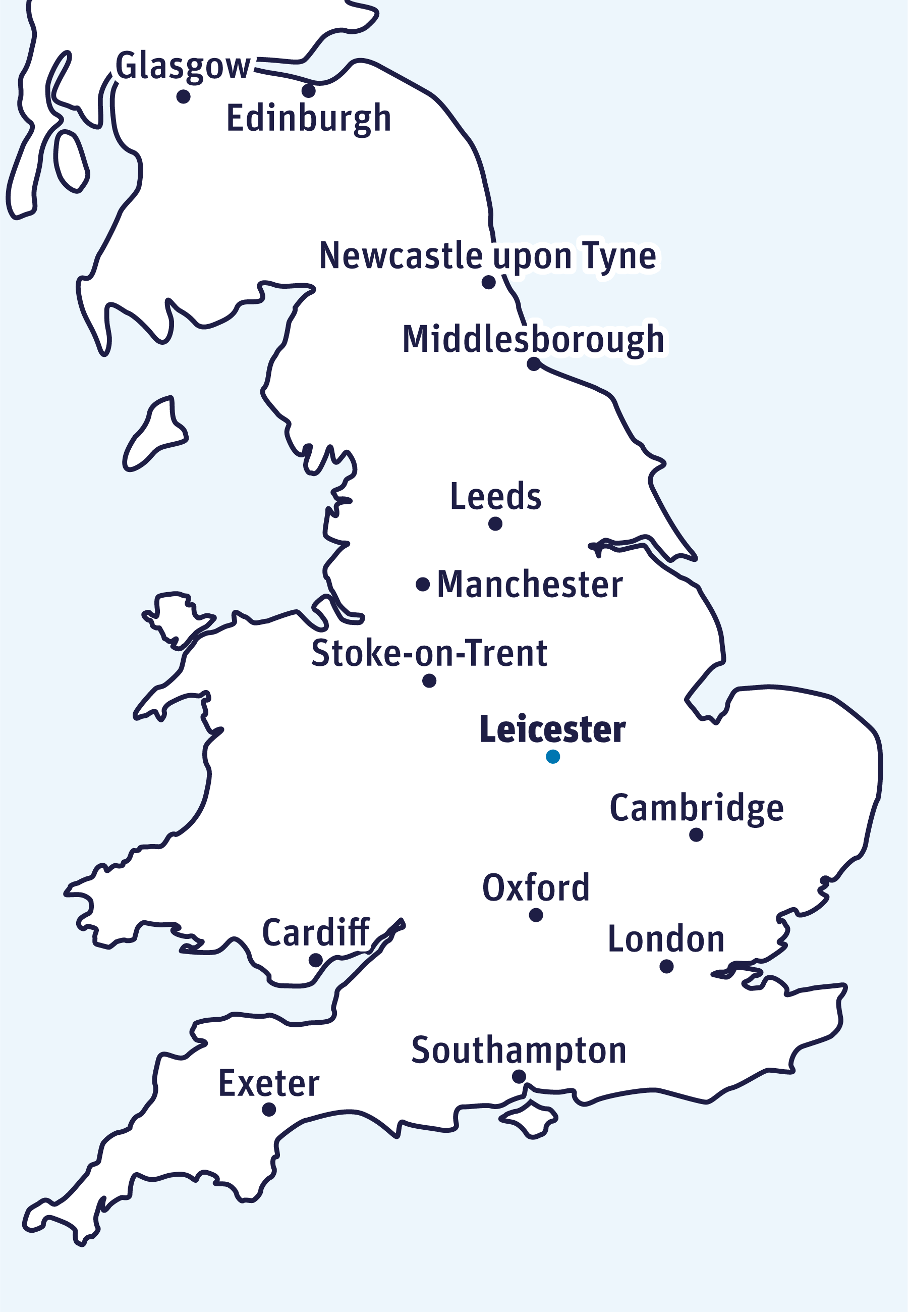 Map of lower half of Britain/England/United Kingdom. Showing Leicester in the middle