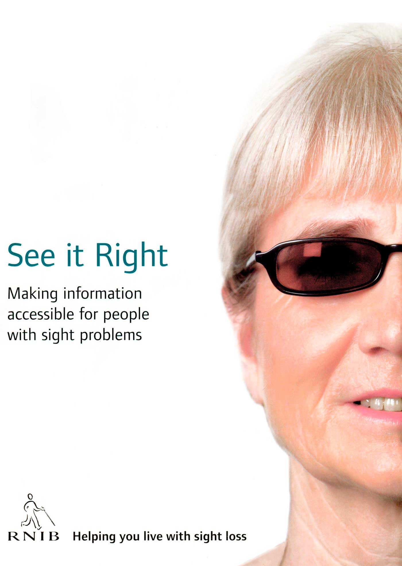 See it right: Making information accessible for people with sight problems book cover, with the title on the left in green and half a woman's face on the right wearing glasses