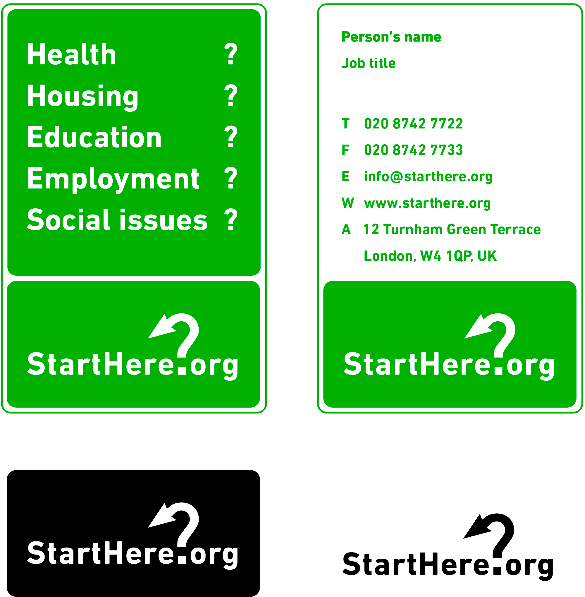 Logo and business card design. Shows 2 business cards (front and back) with a question mark turned into an arrow pointing back at the logo
