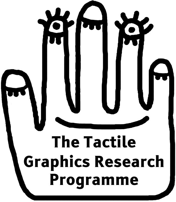Cartoon/illustrated logo design for tactile graphs programme. Shows a hand with eyes on the fingertips