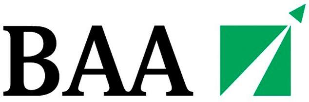 BAA (British Airports Authority) logo, shows the word 'BAA' in large black capital serif letters, then on the right a green square with a triangle flying through it