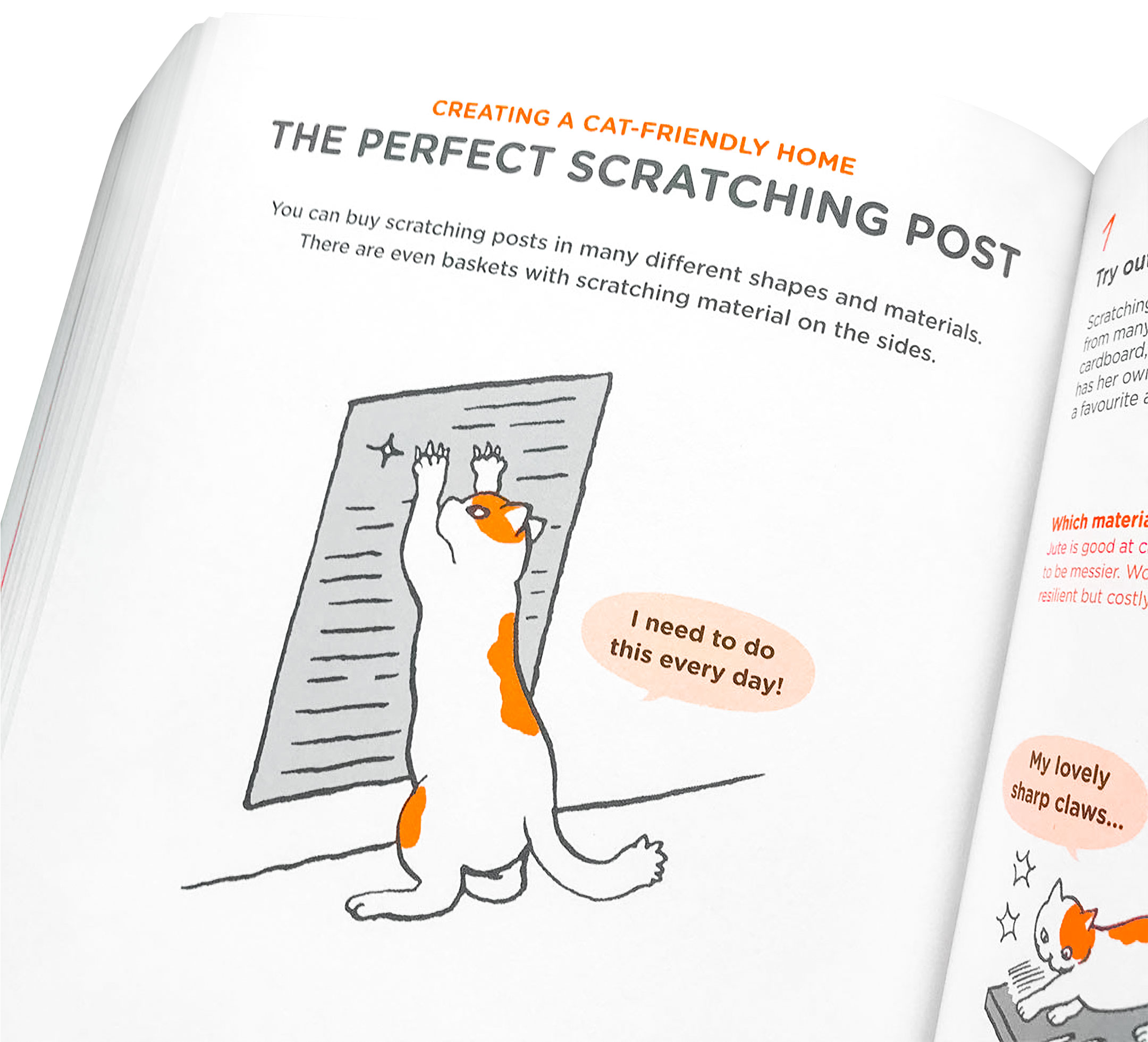 Photograph of the inside of a double page spread from the book, on the left page, it shows a cat scratching up and wall, to sharpen its nails. The cat is dotted with bright fluorescent orange colours