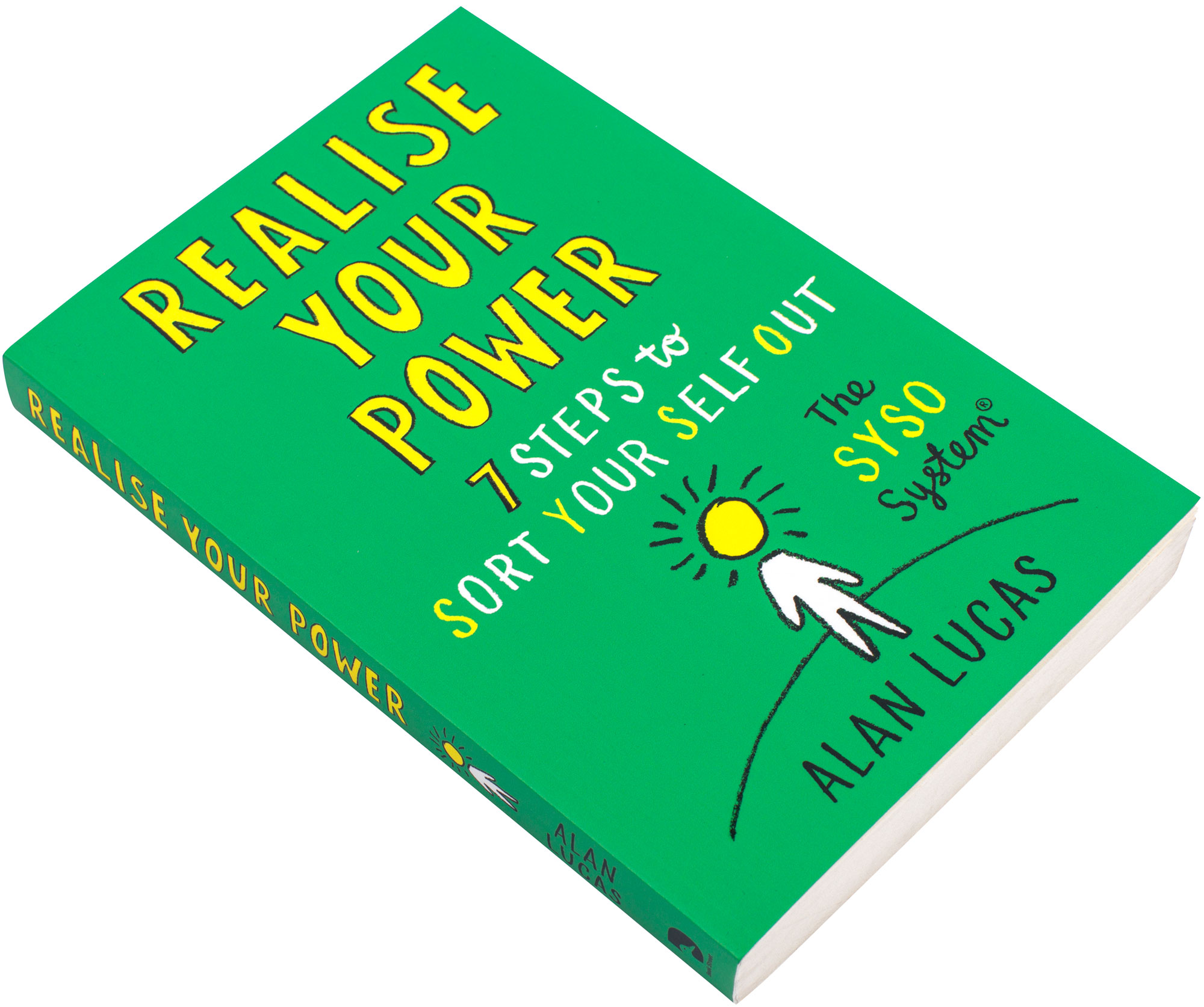 Photograph of the cover at a 45 degree angle showing the front and spine. Green background with title in large yellow capital letters, then a person standing at the bottom with a radiant head