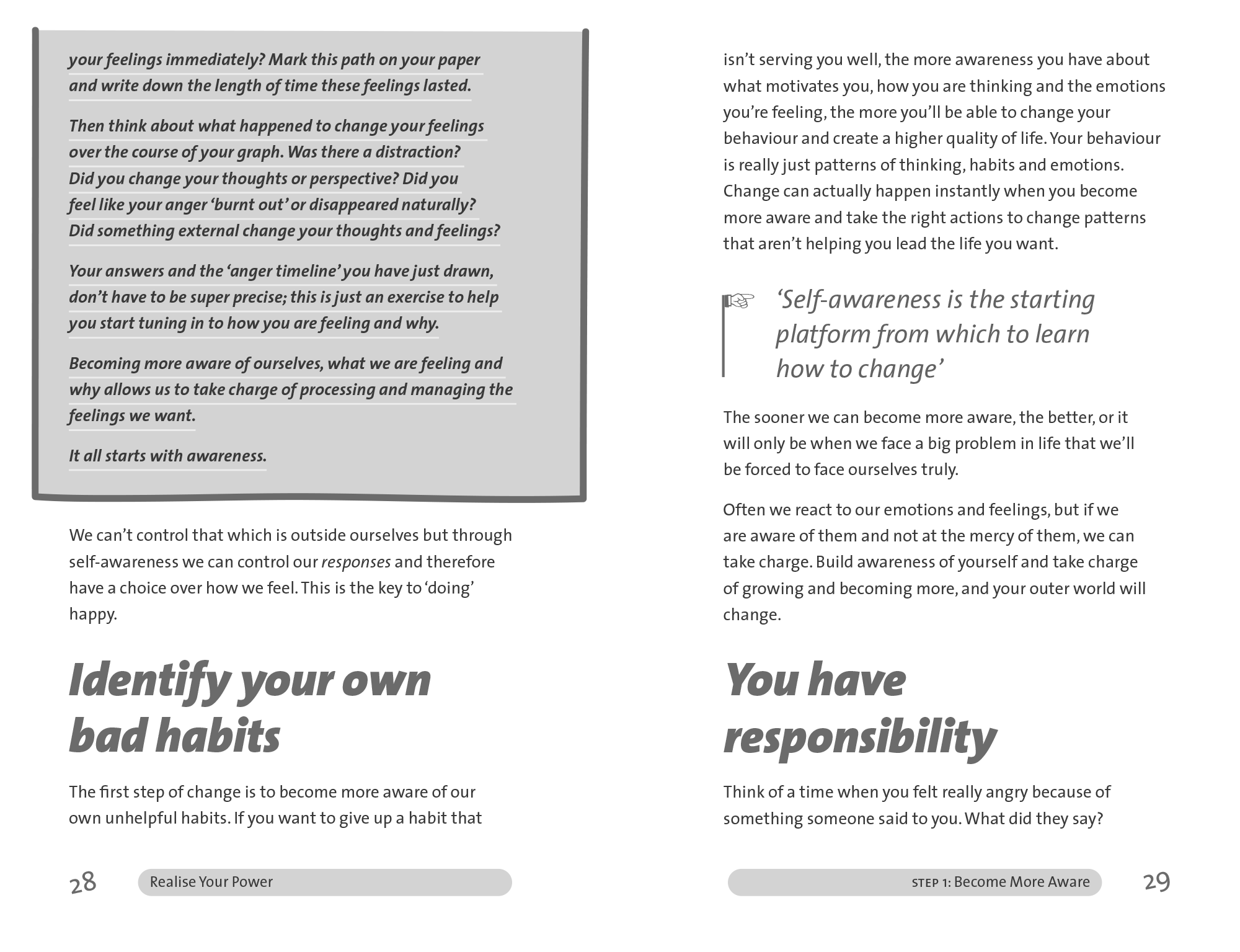 Double page spread, shows headings, page layout, typography and box devices in more detail