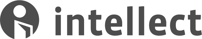A grey round circle on the left with a person's head above a semi-open book, then to the right, the text 'intellect' in lowercase bold grey letters